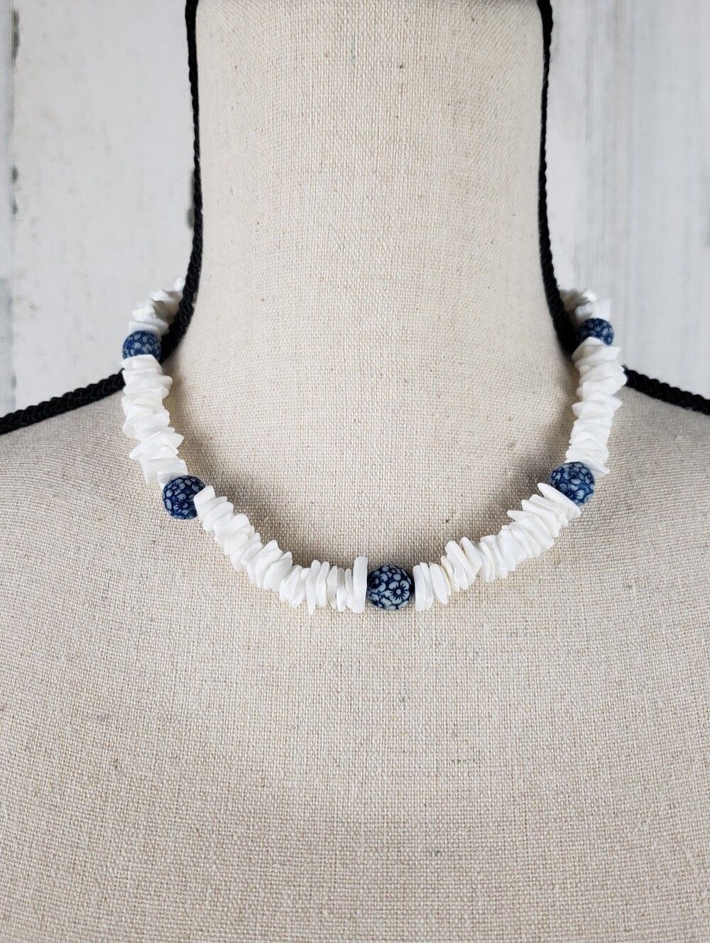 Handmade White Shell Chip Necklace with Blue Floral Beads